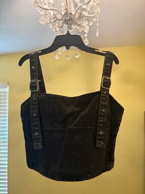 Zara Black Washed Denim Corset Top with Adjustable Straps